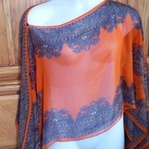 🍊Orange Silk Paisley Bohemian Sheer Button Shawl Drape🍊